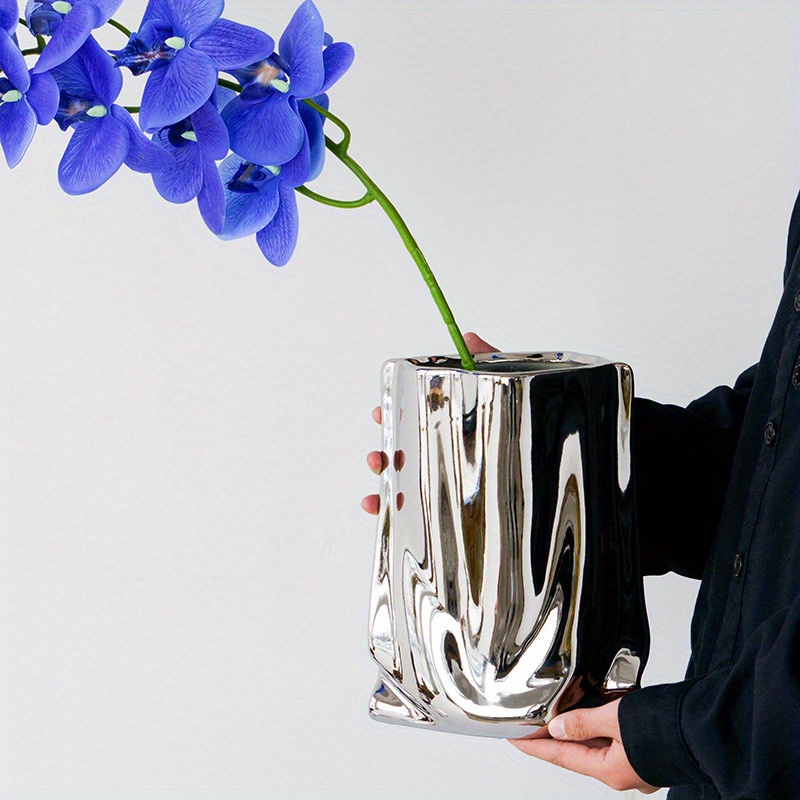 Modern Elegant Silvery Ceramic Vase, Creative Crinkle Paper Bag Wide Mouth Ceramic Vase For Home Kitchen And Office(small Size)