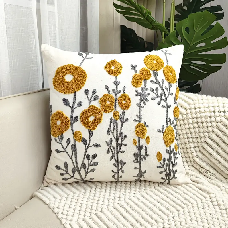 Decorative Sofa Pillows for Couch, Embroider Flower Cotton Pillow