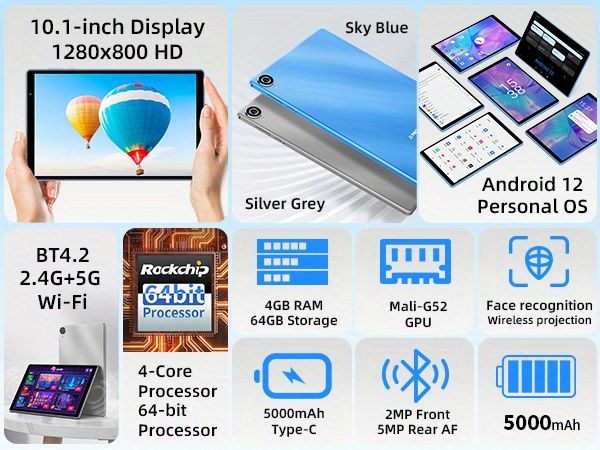 10.1 Inch Kids Education Tablet PC Teclast P25T 4GB RAM 64GB ROM 1TB Expand Android 12 OS Dual Camera 5000mAh Battery Blue Grey Color details 2