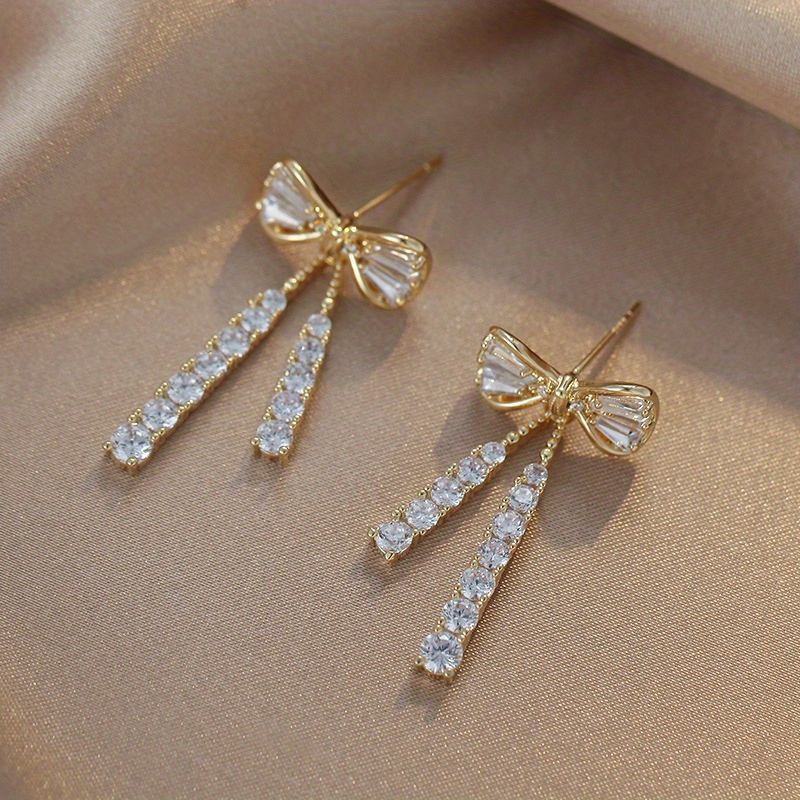 Zircon Bow Tassel Dangle Earrings Gold Silver Plated Crystal Earrings for Women  Fashion Jewelry Wedding Drop Earrings Accessorie - SHOP THE NATION