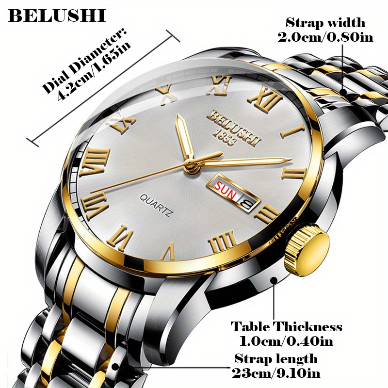 best sales belushi luminous dial steel strap watch mens waterproof quartz watch details 1