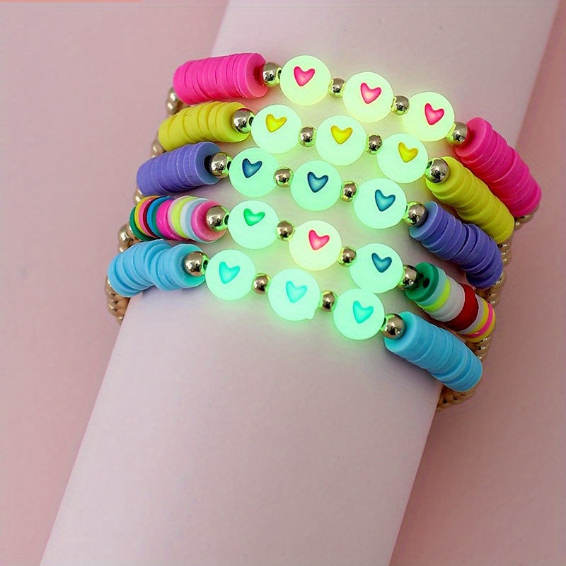 Image of 5pcs -the--shaped Polymer Clay Bead Bracelets | Elastic, Mixed Color, Suitable For Daily And Party Occasions, Non-precious Metal Plating