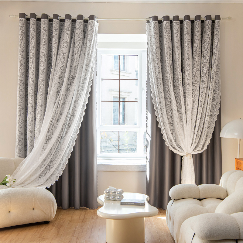 French Double-layer Beaded Embroidered Sheer Curtains, Single-sided Dark Gray Fabric Curtains, Blackout Curtains For Bedroom And Living Room, 1pc