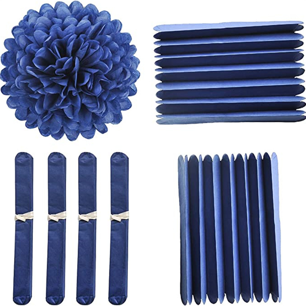 6 Navy Blue Tissue Pom Poms