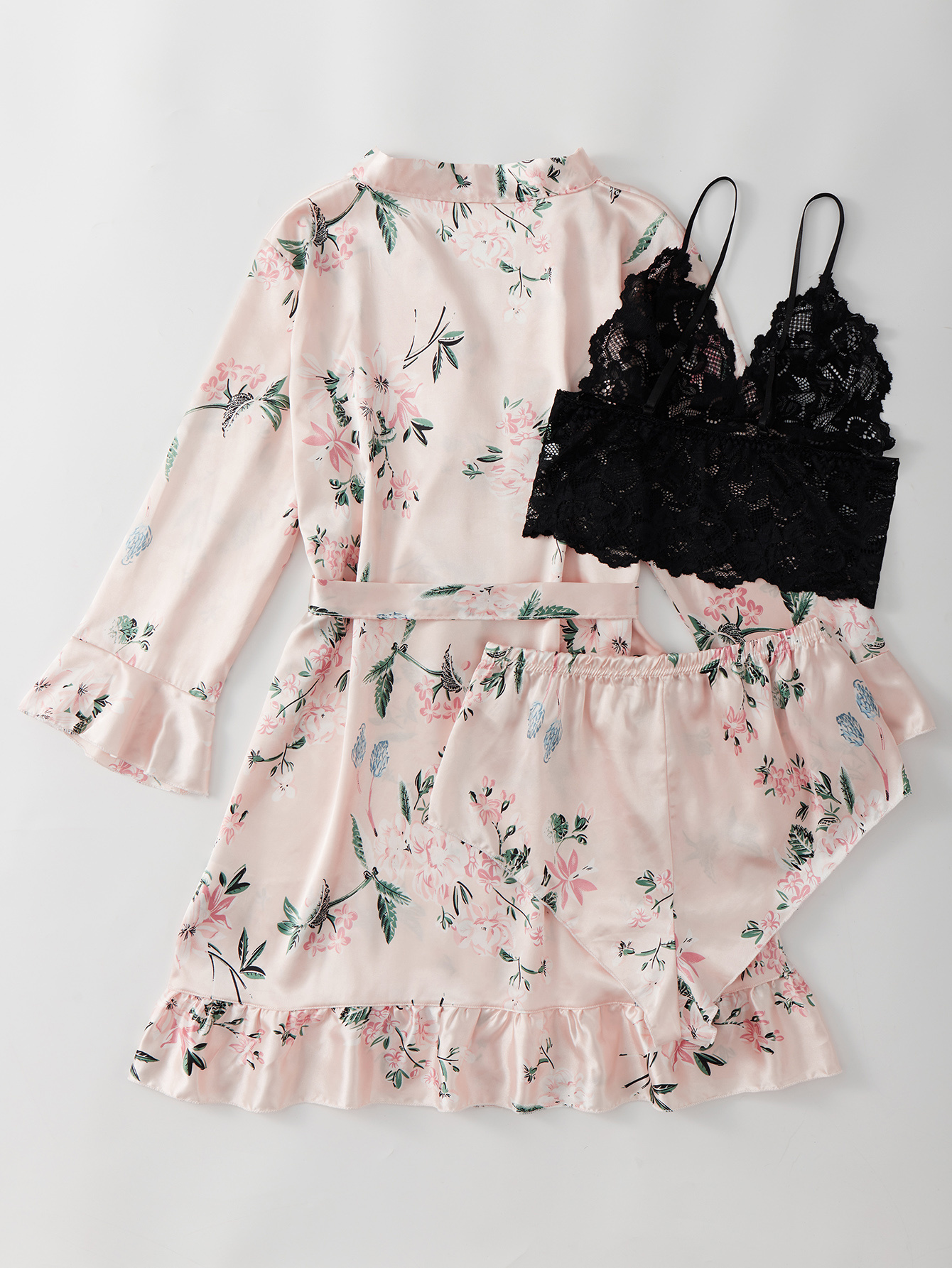 Floral Print Dressing Gown Set, Ruffletrimmed Midi Longsleeve