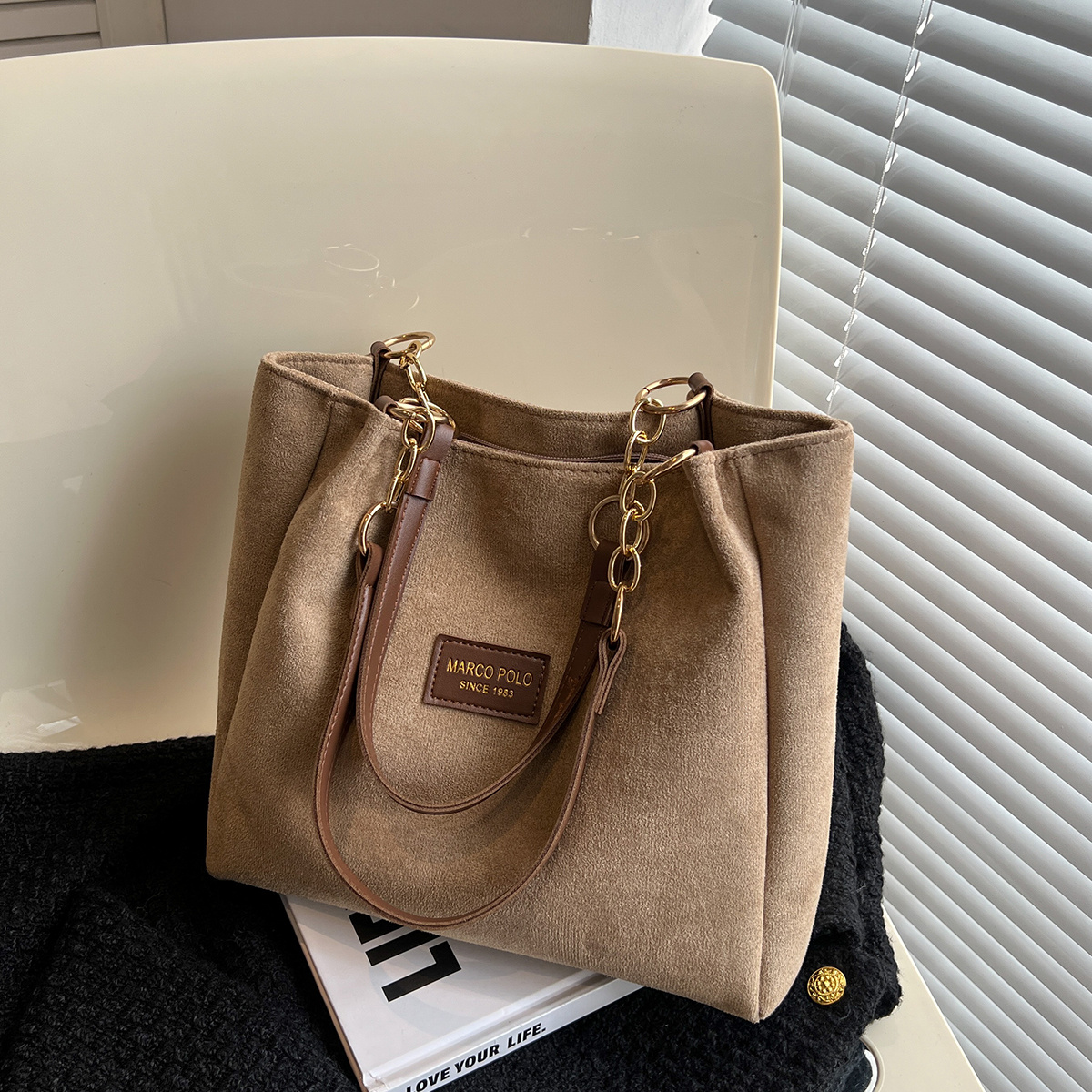 Letter Patch Decor Suede Tote Bag, Vintage Chain Shoulder Bag, Women's Work  & School Handbag