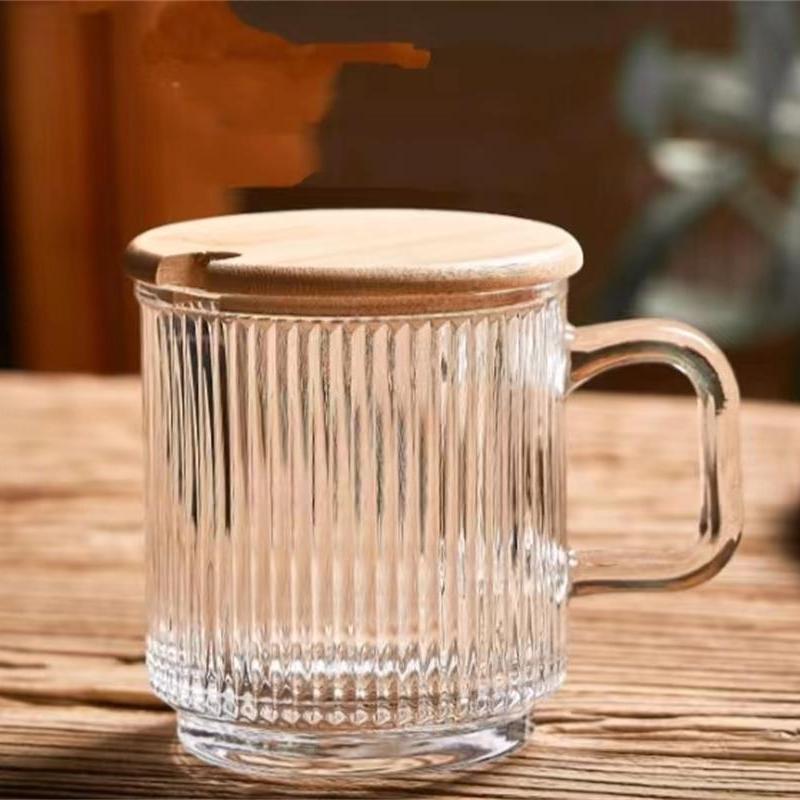 Glass Coffee Mug with Lid - Premium Classical Vertical Stripes Glass Tea Cup - for |Latte|Tea|Chocolate|Juice|Water| - Bamboo Lid and Straw - 17