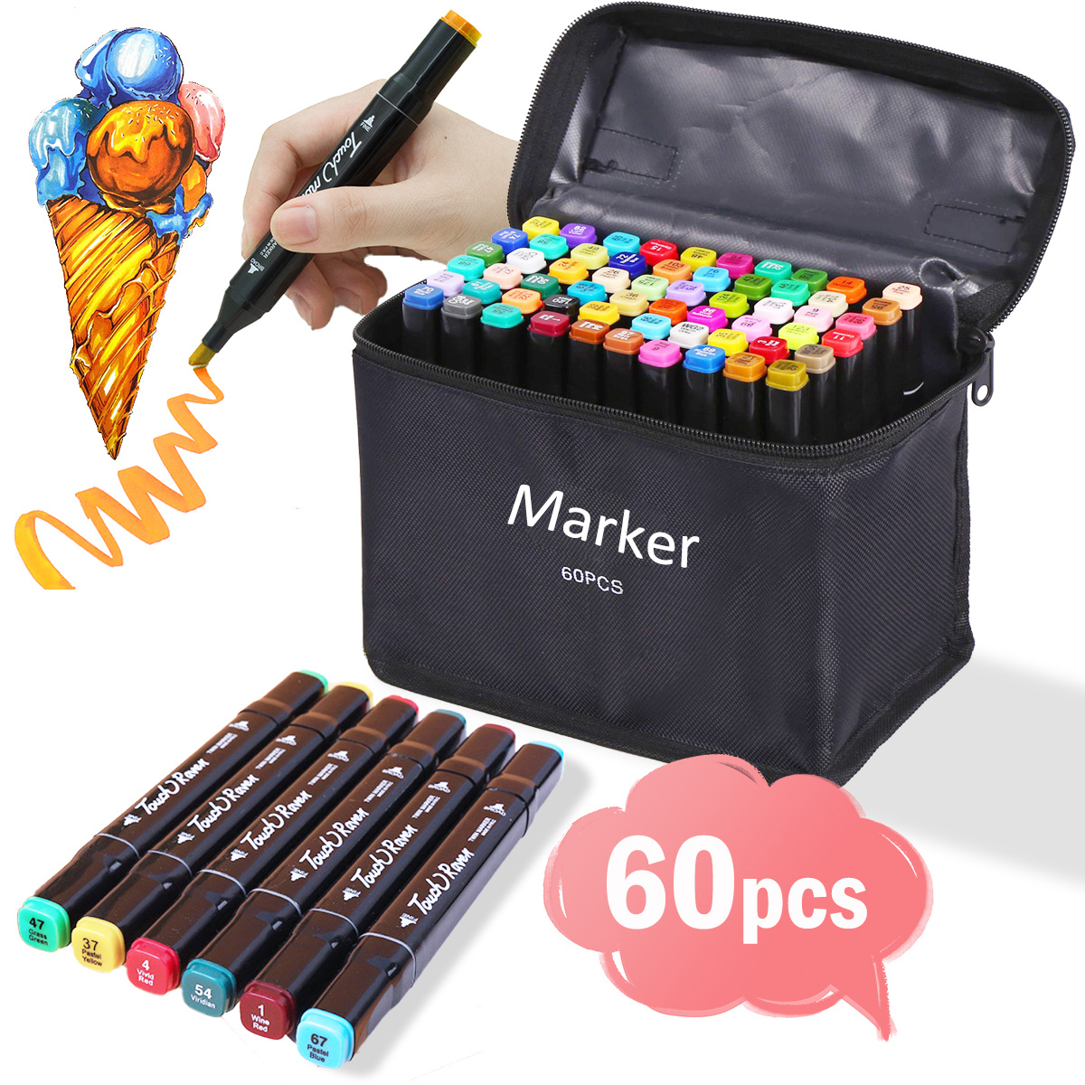 60 Colors Artist Alcohol Markers Dual Tip Art Markers Twin Sketch Markers  Pens Permanent Alcohol Based Markers with Case for Adult Kids Coloring