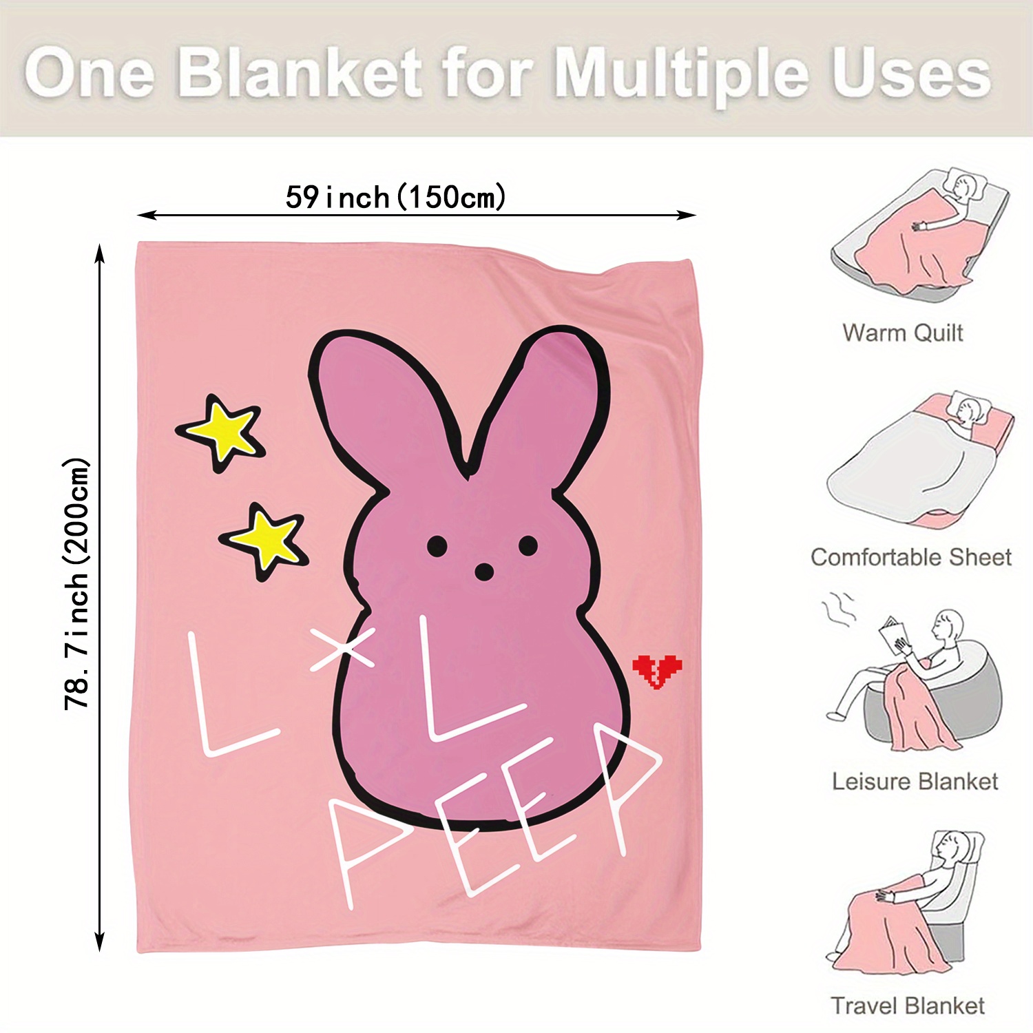 1pc Flannel Blanket, Rabbit Printing Blanket, Soft Throw Blanket For Couch Bed Sofa Office