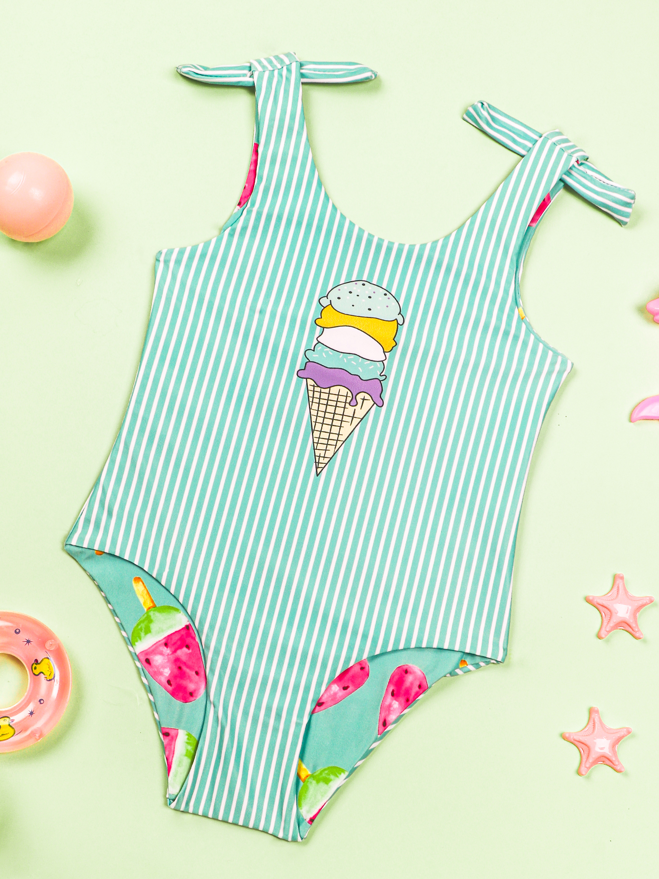 Girls Bow Striped And Ice Cream Graphic Reversible One Piece Swimsuit ...