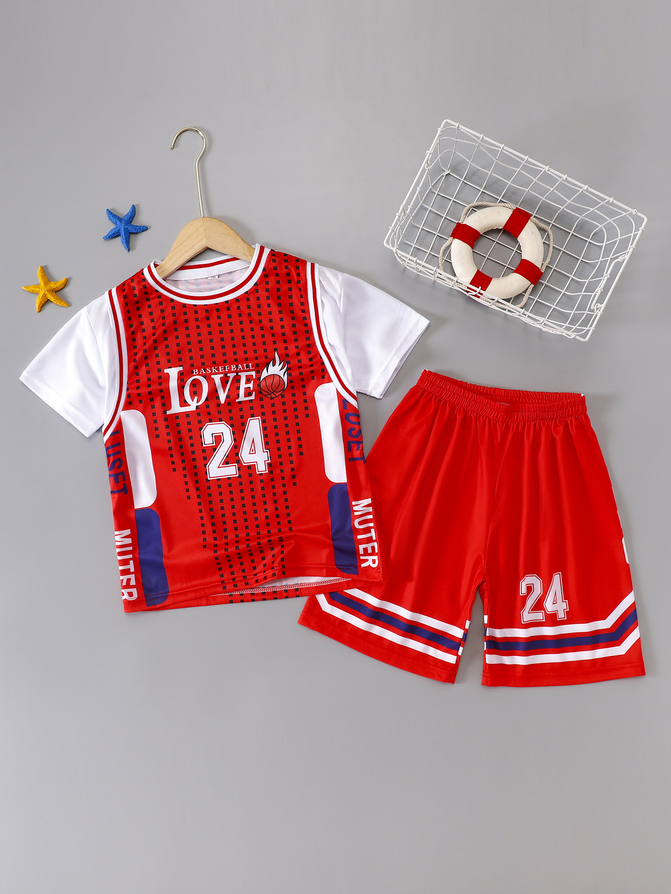 Boys Basketball Suit Sports Outfit Short Sleeves Round Neck Tops