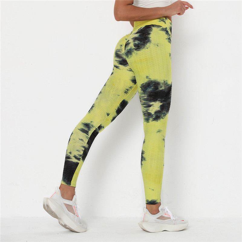 Women's Long Tie Dye Leggings, White Leggings With Yellow, Black