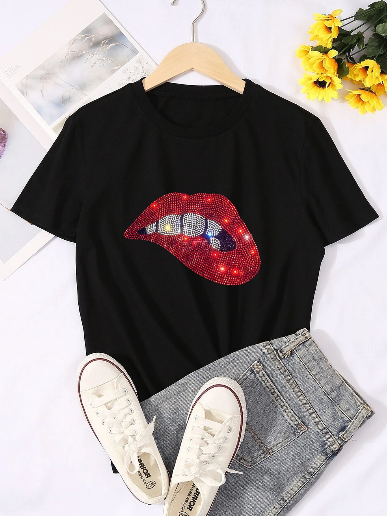 Lips Graphic Rhinestone T-Shirt, Short Sleeve Crew Neck Casual Top For  Spring & Summer, Women's Clothing