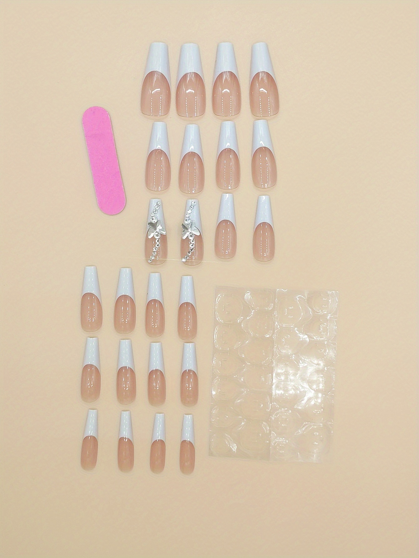 Instantly Upgrade Your Style With 24pcs Coffin Shaped Pink French Rhinestone  False Nails Full Set With 1pc Jelly Glue And 1pc Nail File