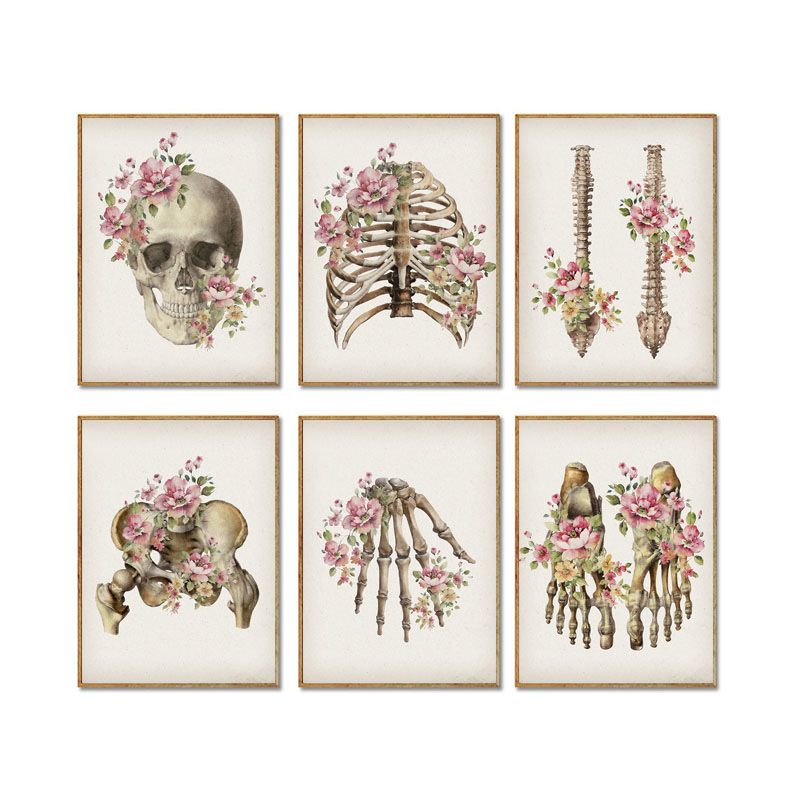 Floral Skeletal Bones Anatomy Poster Skull Spine Medical Wall Art Print ...