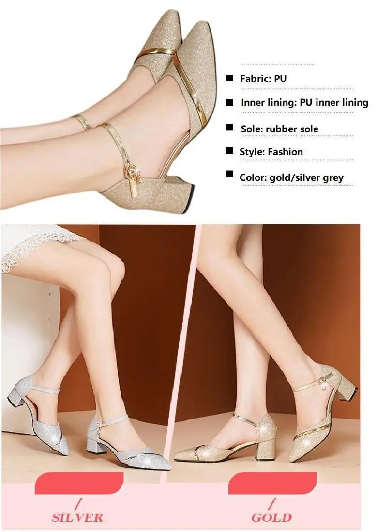 womens glitter block heel sandals versatile pointed toe ankle strap dorsay mid heels casual wedding dress sandals details 7