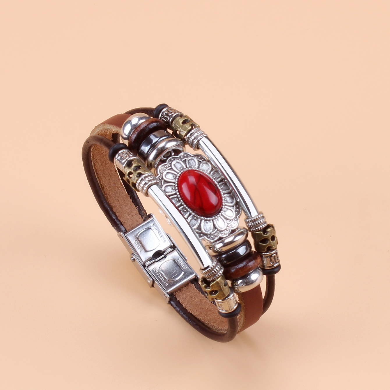 Ethnic Style Red Turquoise Beaded Genuine Faux Leather Stainless Steel Bracelet