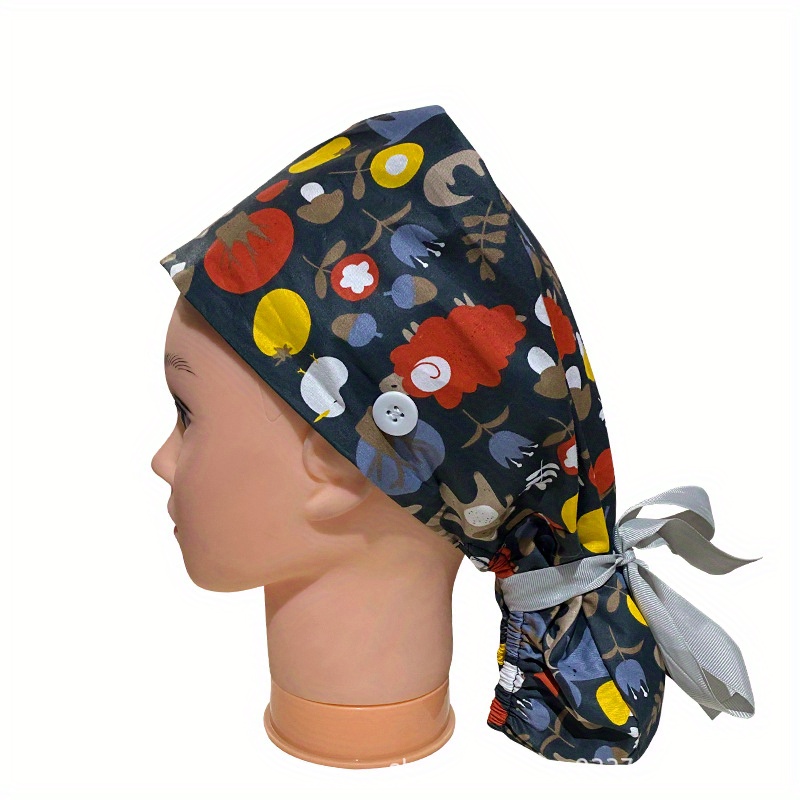 Adjustable Work Hat Paisley Print Nurse Hat With Button Elastic Scrub Cap
