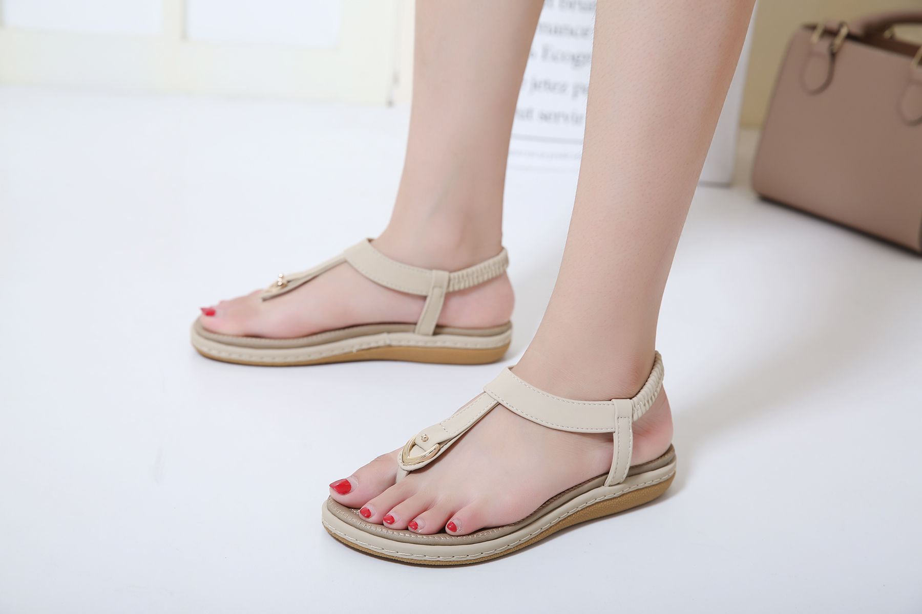 womens summer 2025 flat sandals large size pink with golden   and embroidered straps open toe ankle strap synthetic upper tpr sole flat heel casual  r   sandals durable   Product details 13