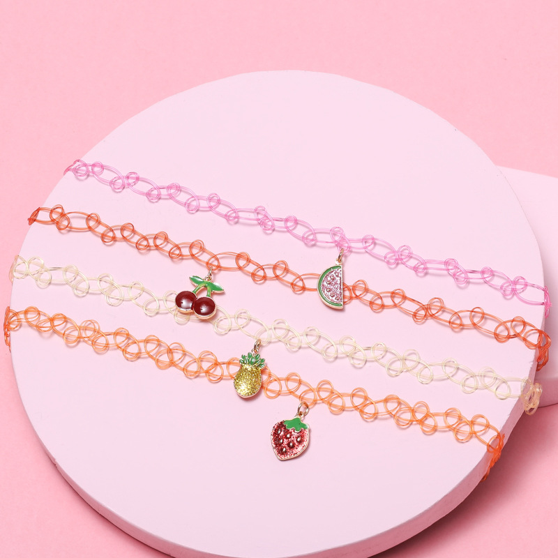 Fish Line Necklace 4pcs Set Watermelon Cherry Strawberry Pineapple Alloy Accessories Fish Line Necklace