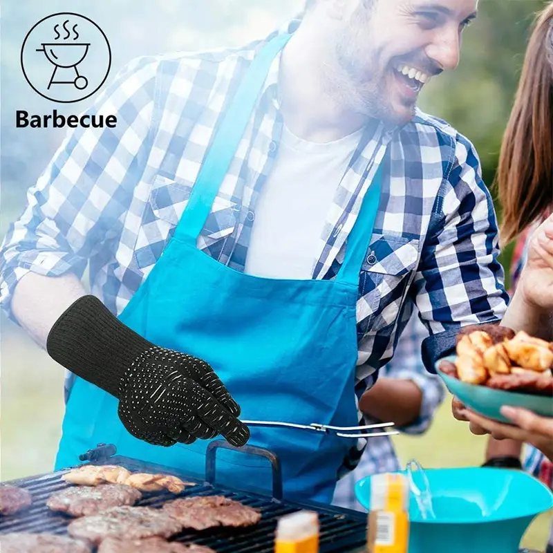 1 pair fireproof oven gloves heat resistant cut resistant non slip silicone bbq gloves for safe cooking gloves for grill baking outdoor camping picnic cookware barbecue tool accessories details 3