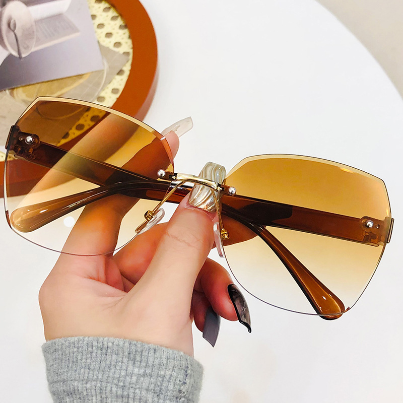 Frameless Gradient Lens Sunglasses, Oversize Polygon Frame