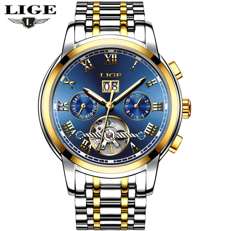 LIGE Relojes mecánicos de lujo para hombre, reloj de pulsera automático de  cuero blanco dorado