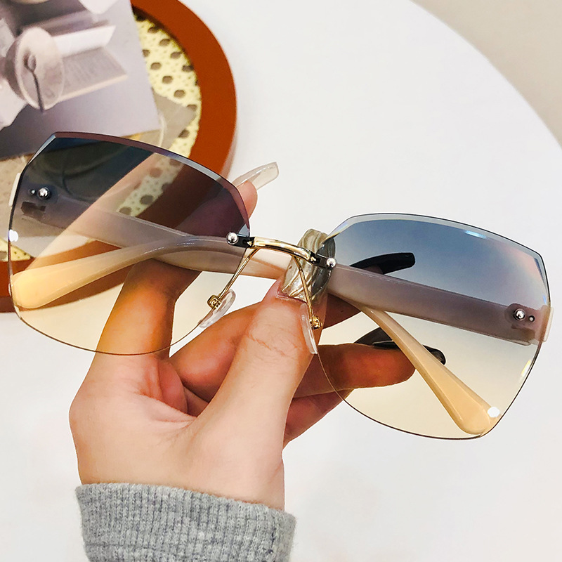 Frameless Gradient Lens Sunglasses, Oversize Polygon Frame
