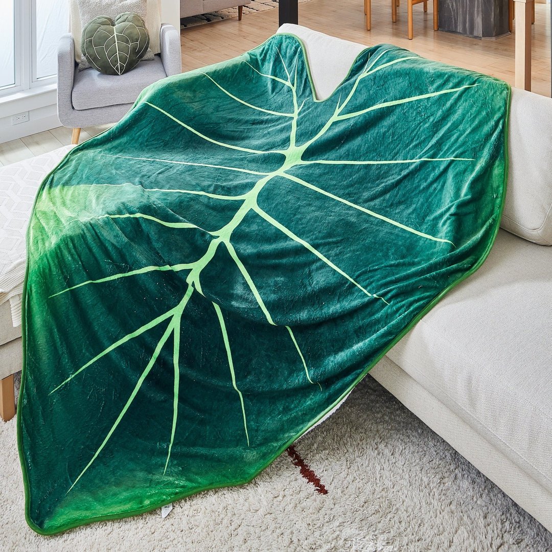 1pc warm and cozy leaf shaped green leaf blanket hd digital printing throw for couch bed and sofa details 1