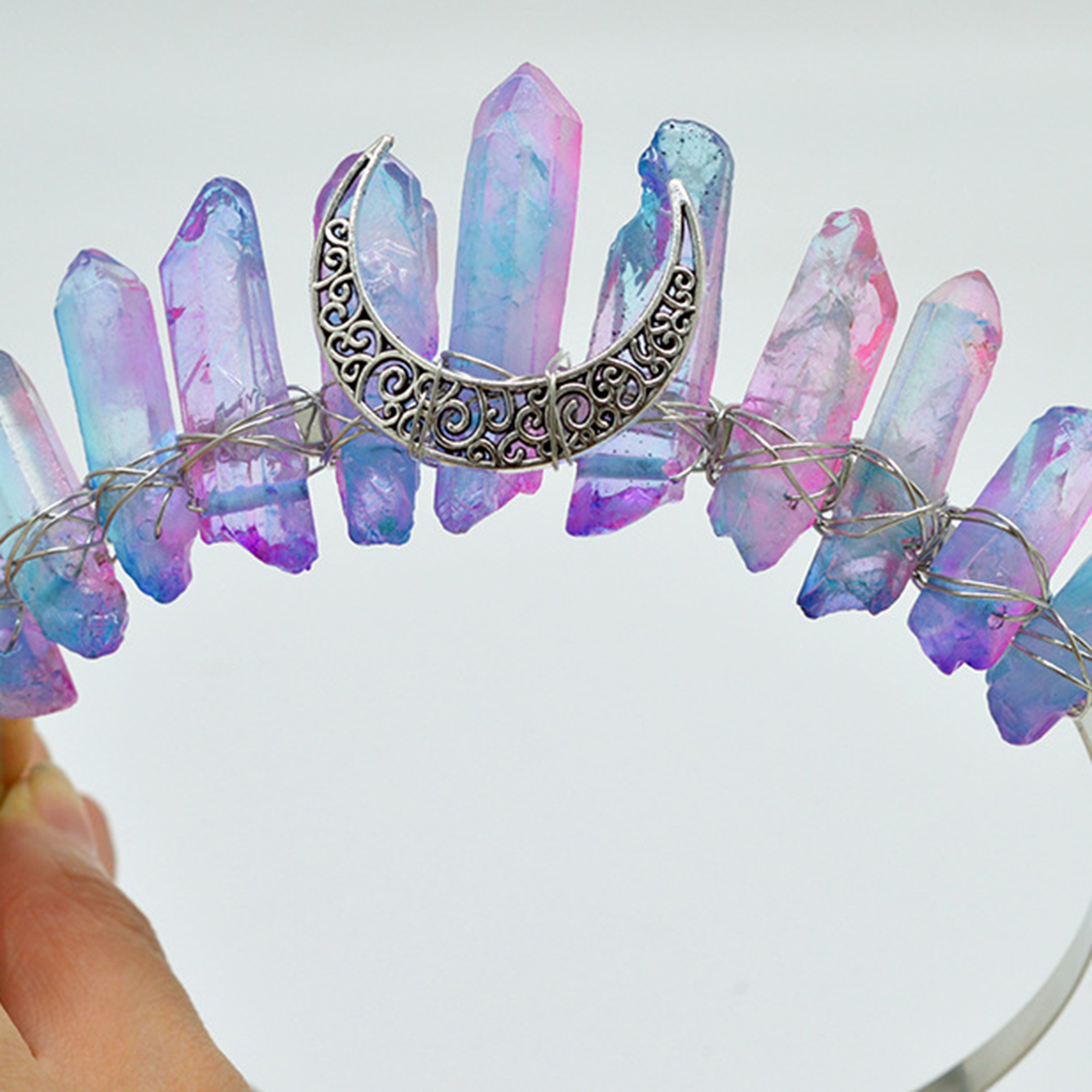 Crescent Moon Crystal Tiaras - Rainbow Raw Quartz Hairbands Women Hair  Accessori