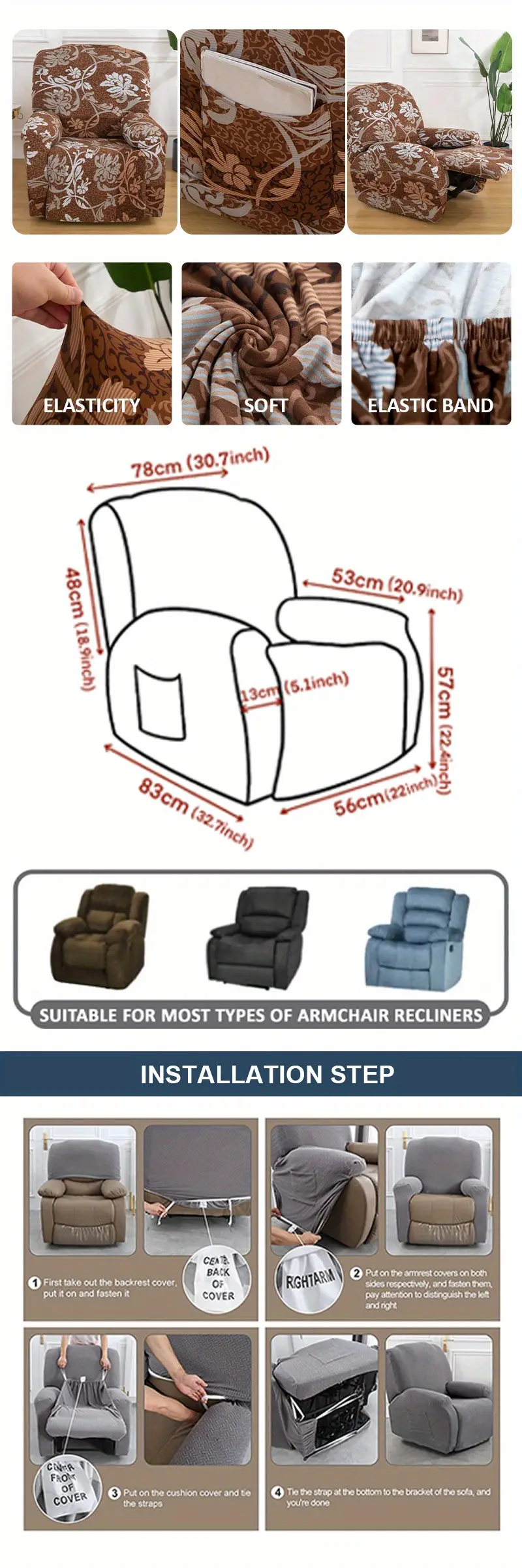 4pcs set stretch recliner printed sofa covers elastic armchair chair slipcovers with pocket recliner protector for living room details 0