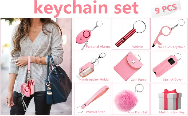 Safety Keychain Full Set for Women, Safety Keychain Set with Personal  Alarm, 9 Pcs Protective Keychain Accessories for Women
