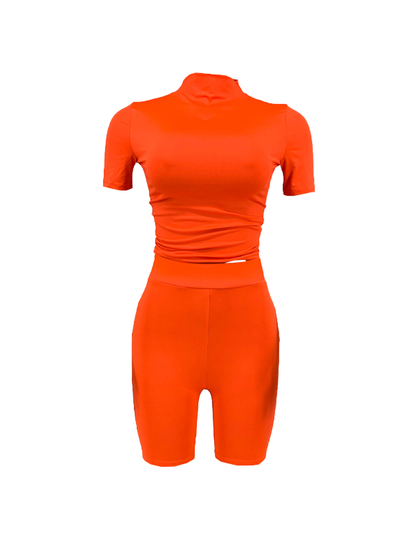 Solid Workout, Stand Collar Short Sleeve Cropped Tops & Bodycon Shorts Outfits, Women's Clothing