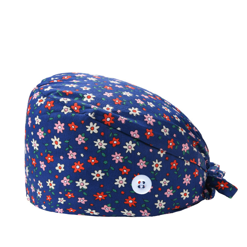 Cartoon Print Work Hat Adjustable Nurse Hat With Buttons Elastic Scrub Cap
