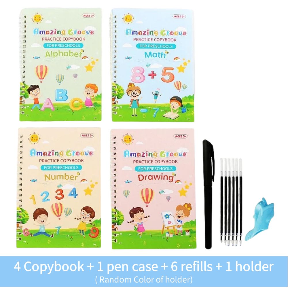  Xiso Ver Magic Practice Copybook for Kids, Reusable Writing  Practice Book, Grooved Handwriting Book Practice for Kids Ages 3-8, Grooves  Template Design and Handwriting Aid (4 Books with Pens) : Office Products