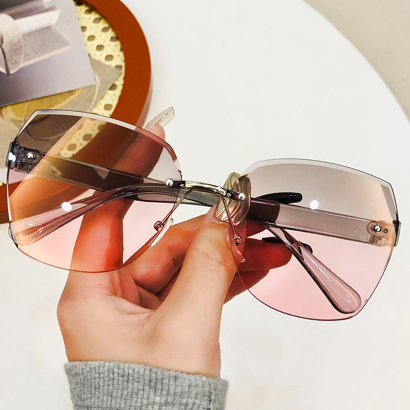 Frameless Gradient Lens Sunglasses, Oversize Polygon Frame