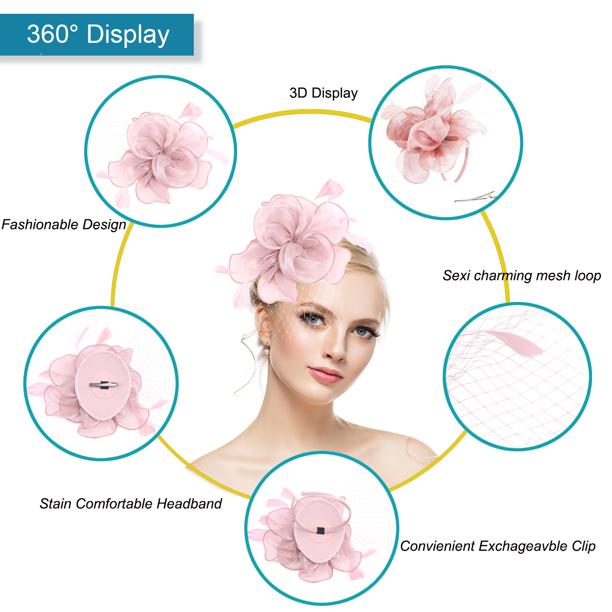 Fascinator Hat For Women Tea Party Headband Wedding Cocktail Flower Mesh Feathers Hair Clip Headpiece details 4