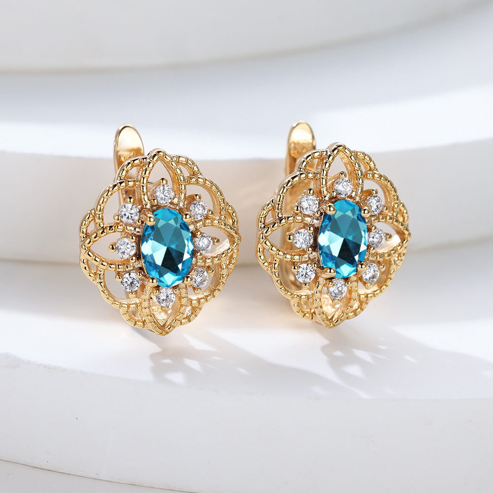 Blue Flower Huggie Hoop Earrings For Women Girls Copper Zircon 18k