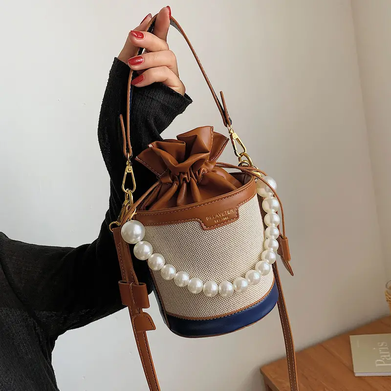 Women's Embossed Bucket Bag, Pearl Chain Crossbody Bag, Mini Top