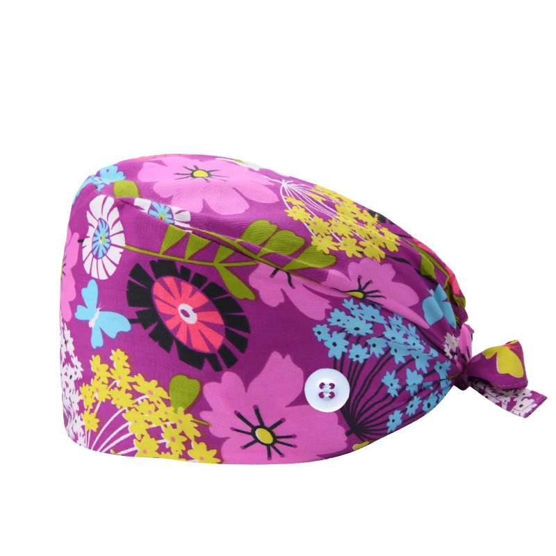 Cartoon Print Work Hat Adjustable Nurse Hat With Buttons Elastic Scrub Cap