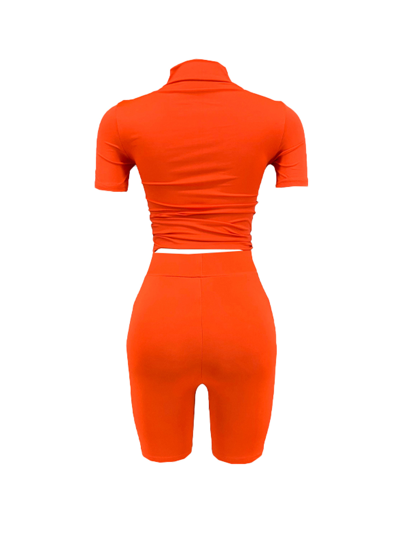 Solid Workout, Stand Collar Short Sleeve Cropped Tops & Bodycon Shorts Outfits, Women's Clothing