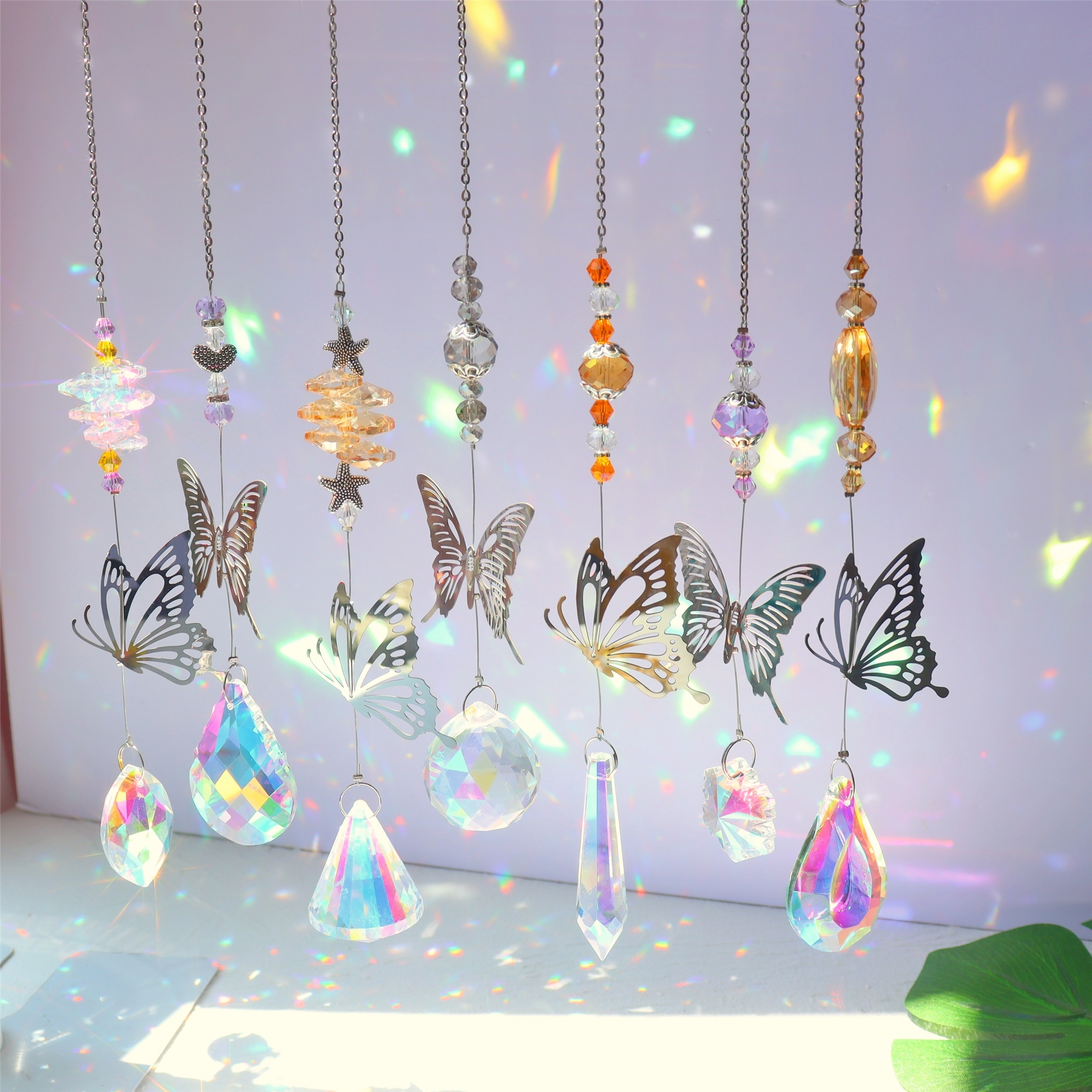 6 pièces cristaux colorés Suncatcher suspendu Catcher de soleil avec  pendentif en chaîne Ornement Boules de cristal pour fenêtre Accueil Jardin