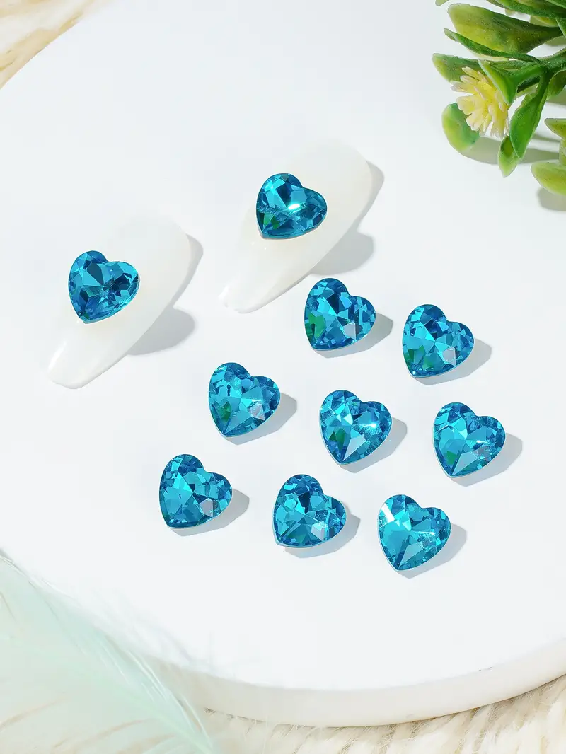 10 Pcs Crystal Heart Shaped Rhinestones Faceted Glass Beads For Nail Art Artificial Big Gem Stones For Crafts Jewelry Making Shoes Dress Blue