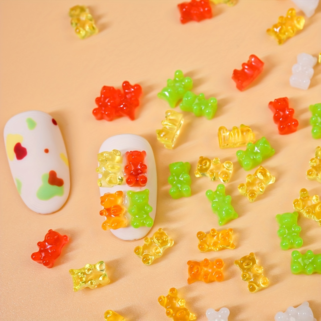 

50pcs Candy Color Cute Bear Nail Charms Colorful Transparent Flatback Resin 3d Nail Parts Diy Design Nails Rhinestones Accesories