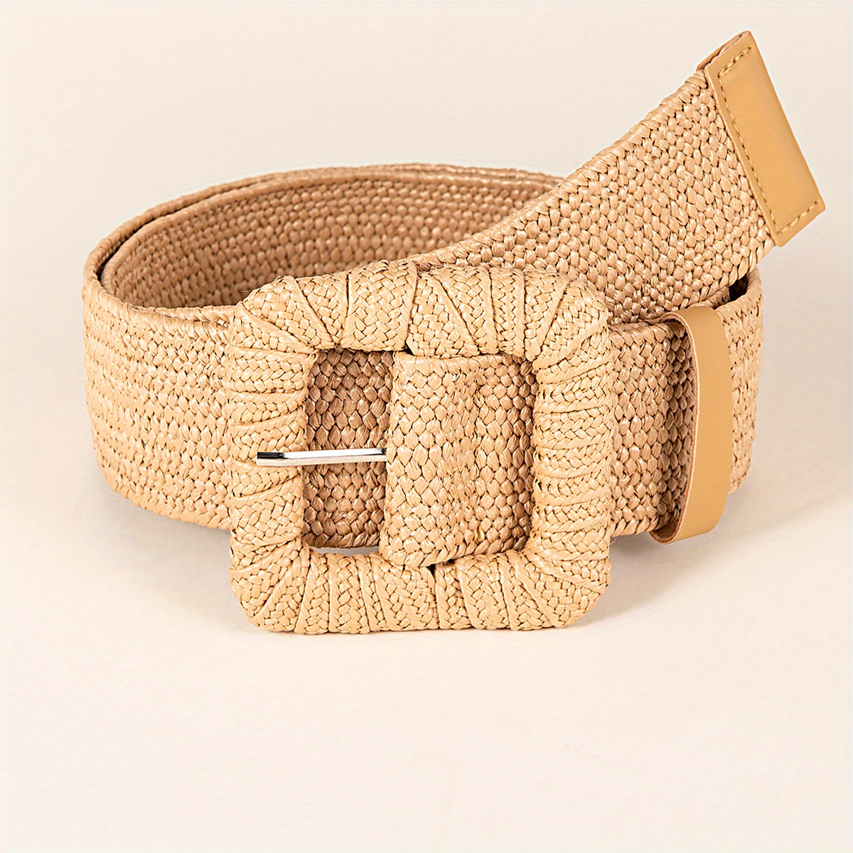 Casual Bohemian Woven Belt For Women Square Buckle Straw Elastic Waist ...