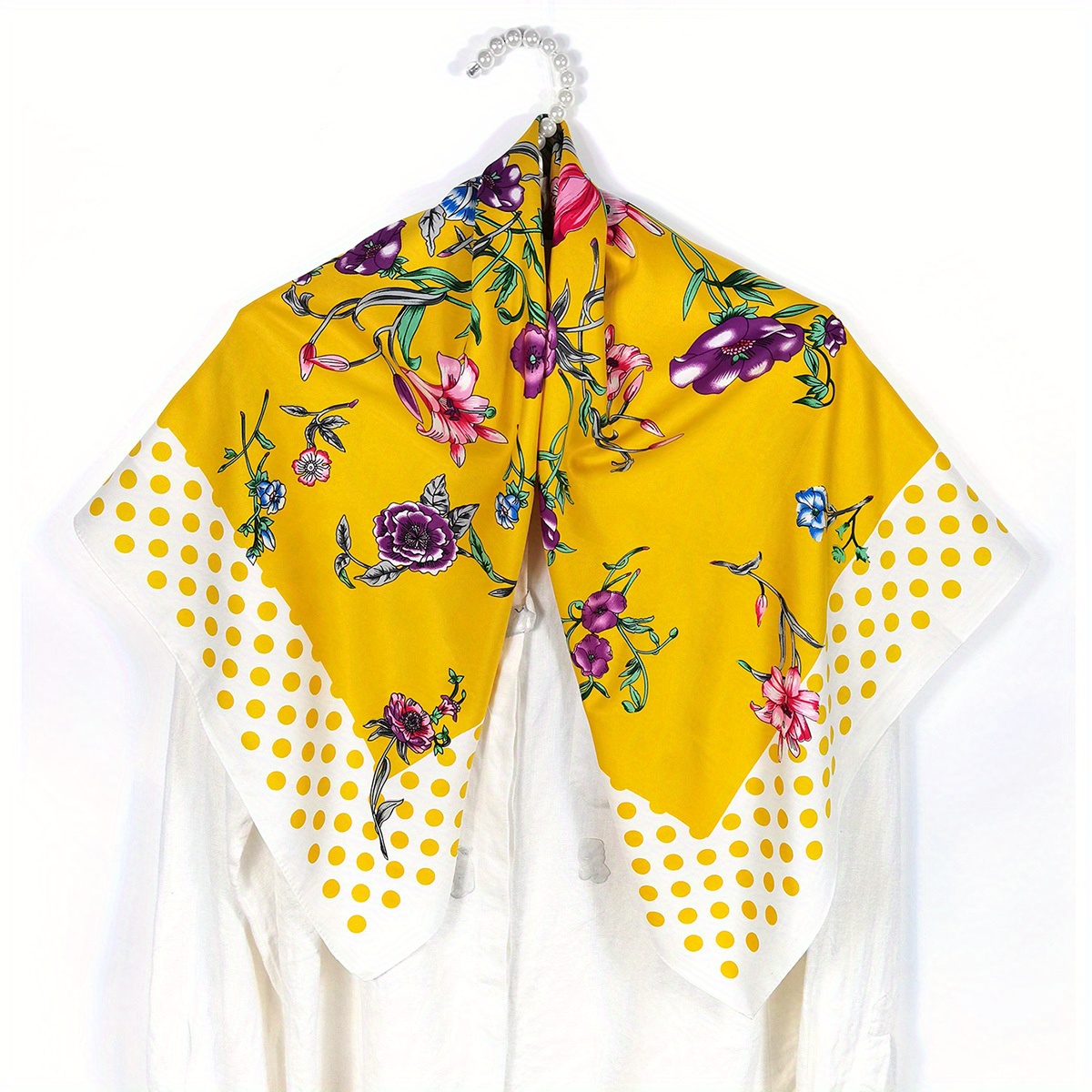 Polka Dot Flower Print Shawl Boho Twill Silk Square Scarf Vintage Neckerchief