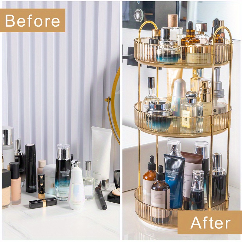 large capacity 360 rotating shelving makeup organizer with adjustable carousel spinning holder rack for cosmetics and brushes   vanity countertop storage details 1