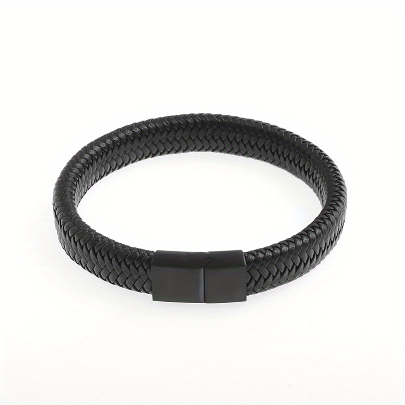 TEMU Men's Fashionable Black Leather Bracelet With Metal Magnetic , Jewelry Accessory