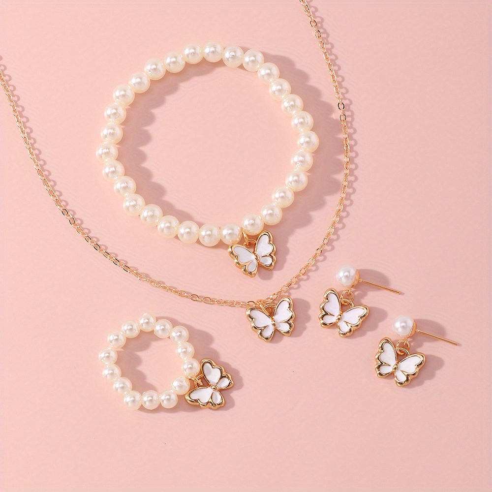 1pc Necklace, 1pc Bracelet, 1pc Ring Butterfly Acrylic Plate Pink Faux  Pearl Cute Girls' Jewelry Set