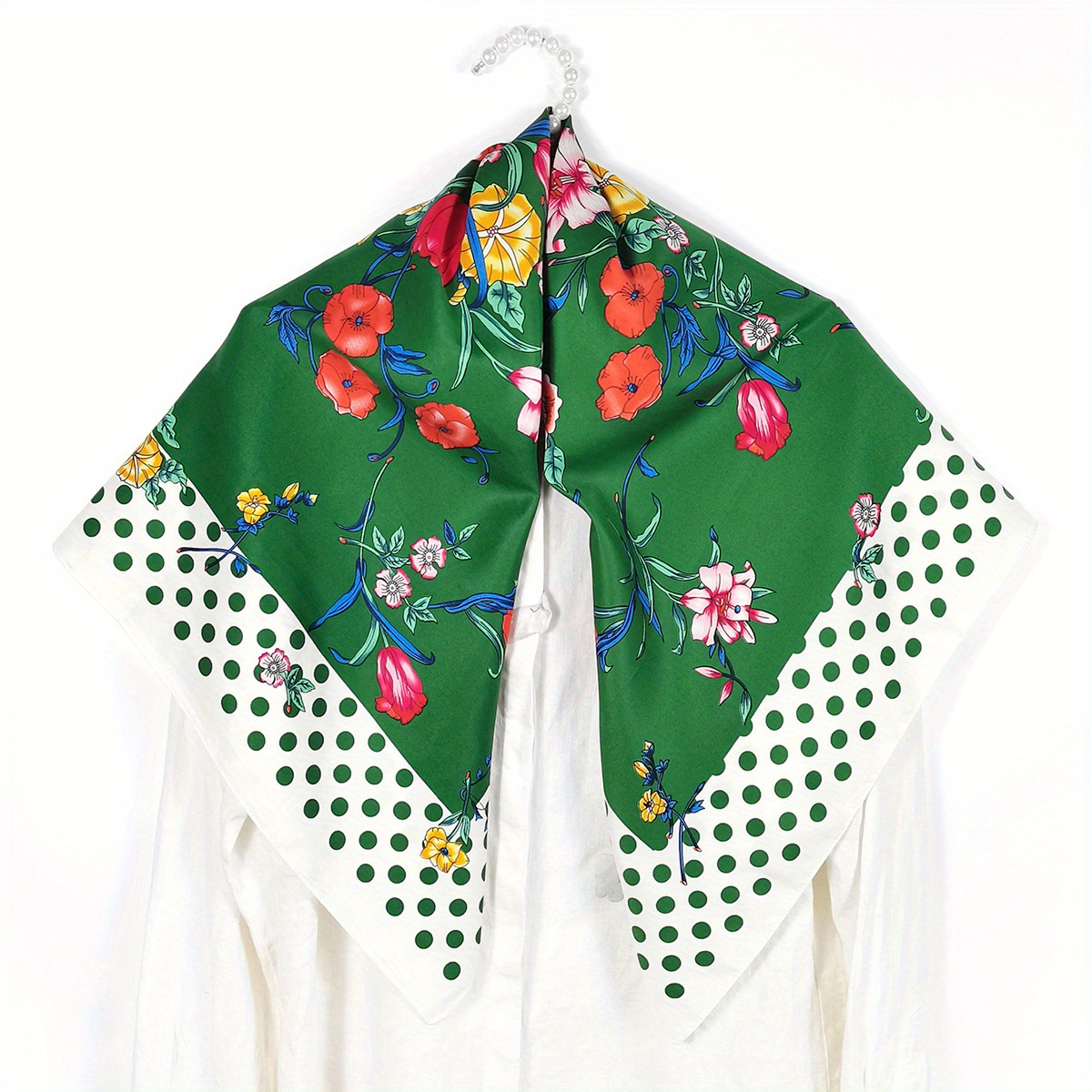 Polka Dot Flower Print Shawl Boho Twill Silk Square Scarf Vintage Neckerchief